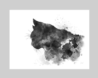 Cat Watercolour illustration ART PRINT Animal, Gift, Wall Art, Home Decor, Black and White