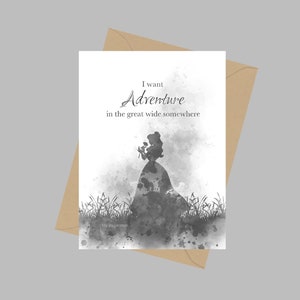 Belle Quote, Biglietto di auguri A5, Voglio avventura nel grande largo da qualche parte, La bella e la bestia, Principessa, Regalo, Bianco e nero