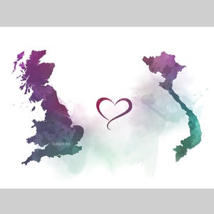Großbritannien Vietnam Verbindungs Karte Zwei Länder KUNSTDRUCK Reisen, Urlaub, Geschenk, Wandkunst, Freunde, Paare