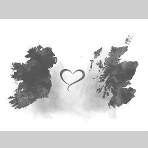 L'Irlande à l'Écosse reliant la carte deux pays ART PRINT Voyage, vacances, cadeau, art mural, amis, couples, noir et blanc