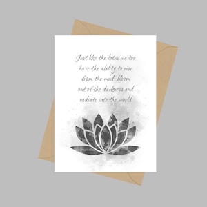 Citation de fleur de lotus, carte de voeux A5, source d'inspiration, motivante, zen, yoga, cadeau, noir et blanc