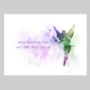 Impresión artística con cita de Campanilla Peter Pan, Todo lo que necesitas es fe, confianza y un poco de polvo de hadas, guardería, regalo, arte de pared, decoración del hogar