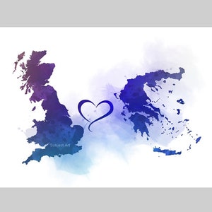Großbritannien Griechenland Verbindungskarte Zwei Länder KUNSTDRUCK Reisen, Urlaub, Geschenk, Wandkunst, Freunde, Paare