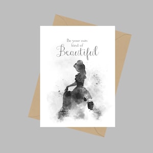 Belle Citation, Carte de vœux A5, La Belle et la Bête, Soyez votre propre genre de Belle, Princesse, Cadeau, Noir et Blanc