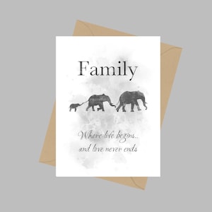 Famiglia dove inizia la vita e l'amore non finisce mai Citazione, Biglietto di auguri A5, Ispirazione, Elefante, Mamma, Papà e Bambino, Regalo, Bianco e nero