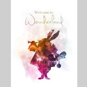 Alice in Wonderland Quote ART PRINT Welcome to Wonderland, Rabbit, Nursery, Gift, Wall Art, Home Decor, Bedroom