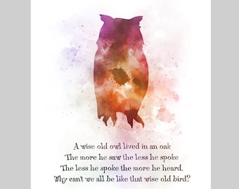 A Wise Old Owl ART PRINT Inspirational, Quote, Nursery, Poem, Gift, Wall Art, Home Decor