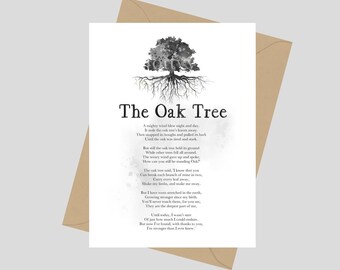 The Oak Tree Poem About Life, A5 Greeting Card, Mighty Oak Tree, Inspirational, Nature, Motivational, Poetry, Gift Idea, Black and White