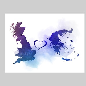Großbritannien Griechenland Verbindungskarte Zwei Länder KUNSTDRUCK Reisen, Urlaub, Geschenk, Wandkunst, Wohnkultur, Schlafzimmer, Büro, Freunde, Paare