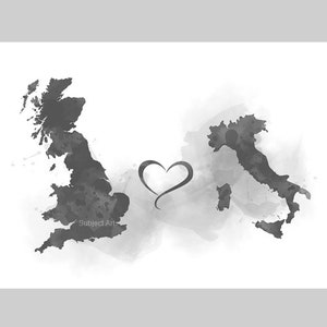 Großbritannien Italien Verbindungs Karte Zwei Länder KUNSTDRUCK Reisen, Urlaub, Geschenk, Wandkunst, Freunde, Paare, schwarz und weiß