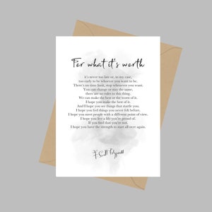 Voor wat het waard is, A5-wenskaart, F.Scott Fitzgerald Inspirerende motiverende toespraak Positieve ideeën voor huwelijksverjaardag Verjaardagscadeaus