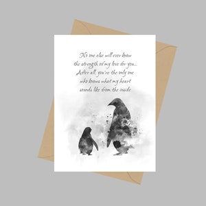Penguin Mother and Baby Quote, A5 Biglietto di auguri, Nessun altro conoscerà mai la forza del mio amore per te, Ispirazionale, Regalo, B & W