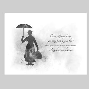Mary Poppins Quote ART PRINT Open different doors, Anything can happen, Gift, Nursery, Wall Art, Home Decor, Bedroom, Black and White