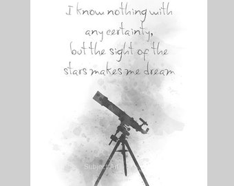 I know nothing with any certainty, but the sight of the stars makes me dream ART PRINT Quote, Vincent van Gogh, Telescope, Black and White
