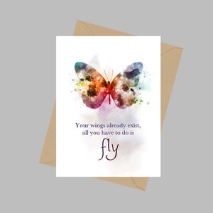 Citazione sulla farfalla, biglietto d'auguri A5, le tue ali esistono già, tutto ciò che devi fare è volare, ispirazione, biglietto per figlia e nipote, regalo
