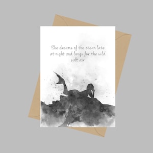 Citation de sirène, Carte de vœux A5, Inspiration, Elle rêve de l’océan, Cadeau, Noir et blanc