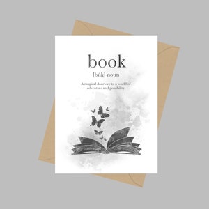 Cytat z definicji książki, karta okolicznościowa A5, czytanie, powieść, literatura, miłośnik książek, prezent, czarno-biały