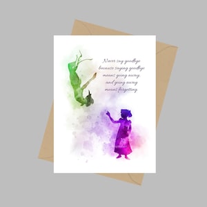 Peter Pan citaat, A5 wenskaart, zeg nooit vaarwel, inspirerend, cadeau