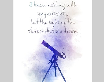 I know nothing with any certainty, but the sight of the stars makes me dream ART PRINT Quote, Vincent van Gogh, Telescope, Gift, Wall Art