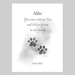 Personalised Pawprints On Our Hearts Quote ART PRINT Pet Sympathy, Memorial, Cat, Dog, Rainbow Bridge, Pet Loss, Paw Print, Black and White
