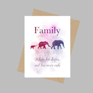 Famiglia dove inizia la vita e l'amore non finisce mai Citazione, Biglietto di auguri A5, Ispirazione, Elefante, Mamma, Papà e Bambino, Regalo