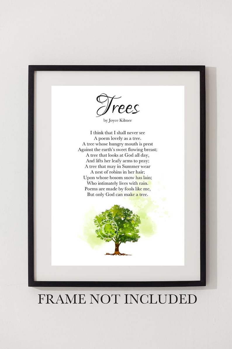 May include: A framed print featuring the poem "Trees" by Joyce Kilmer, with a watercolor illustration of a tree. The print is in a black frame, and the text "FRAME NOT INCLUDED" is at the bottom.