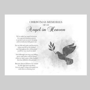 Christmas Memories of an Angel in Heaven ART PRINT Poem, Memorial, Sympathy, Prayer, Loved one, Dove, Gift, Wall Art, Decor, Black and White