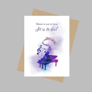 Piano Music Notes Quote, A5 Wenskaart, Muziek is niet te horen Het is om te voelen, Inspirerend, Pianist, Muzikant, Gift
