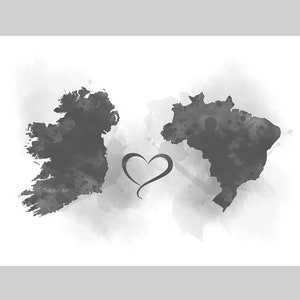 Irland Brasilien Verbindungskarte zwei Länder KUNSTDRUCK Reisen, Urlaub, Geschenk, Wandkunst, Freunde, Paare, schwarz und weiß