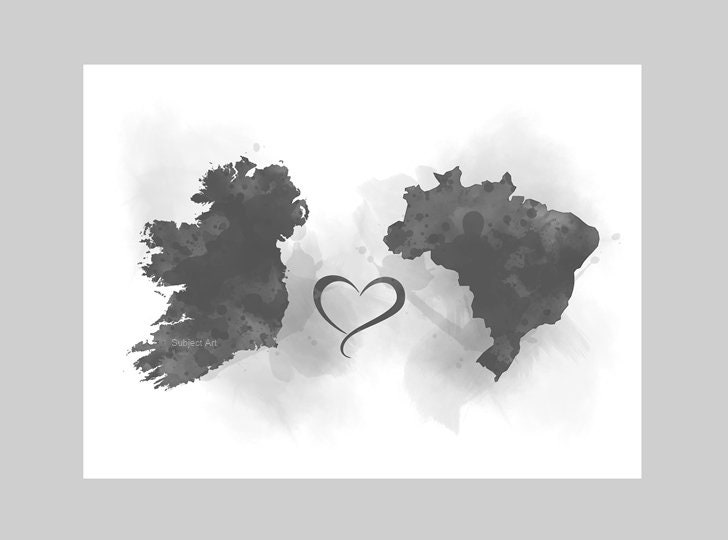Ireland to Brazil Connecting Map Two Countries ART PRINT Travel, Holiday, Gift, Wall Art, Friends, Couples, Black and White