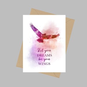 Laat je dromen je vleugels zijn Quote, A5 Wenskaart, Inspirerend, Motiverend, Vogel, Cadeau