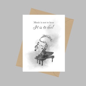Piano Music Notes Quote, A5 Wenskaart, Muziek is niet om te horen Het is om te voelen, Inspirerend, Pianist, Muzikant, Cadeau, Zwart en Wit