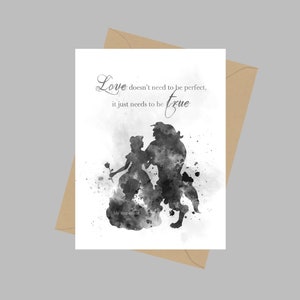 Belle en het beest citaat, A5 wenskaart, prinses, liefde, cadeau, zwart en wit
