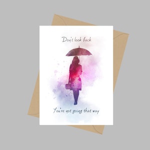 Don't Look Back Quote, A5 Wenskaart, Vrouw, Paraplu, Inspirerend, Motiverend, Cadeau