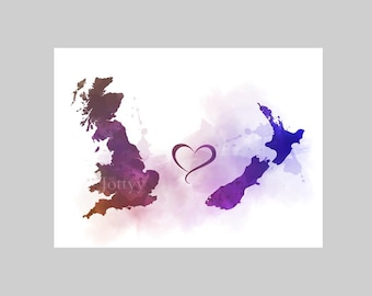 Britain to New Zealand Connecting Map Two Countries ART PRINT Travel, Holiday, Gift, Wall Art, Home Decor, Bedroom, Office, Friends, Couples