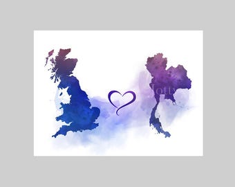 Britain to Thailand Connecting Map Two Countries ART PRINT Travel, Holiday, Gift, Wall Art, Home Decor, Bedroom, Office, Friends, Couples
