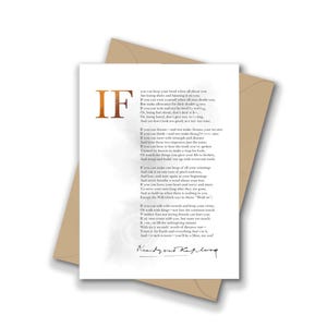 May include: A white rectangular card featuring the poem If by Rudyard Kipling printed in black text. The word IF is displayed in a large, gradient copper-colored font. The card is placed on top of a plain, light brown paper envelope.