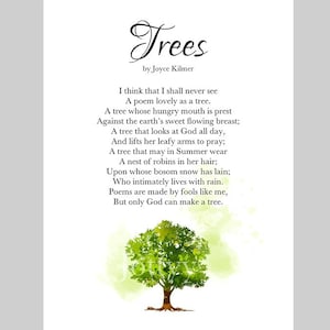 May include: A print of the poem "Trees" by Joyce Kilmer. The poem is in black text on a white background, with a watercolor illustration of a green tree at the bottom. The title is in a decorative font.