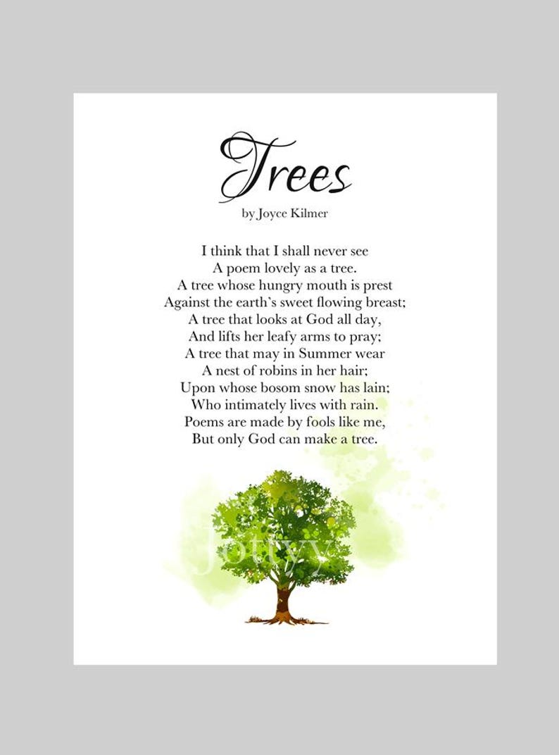 May include: A print of the poem "Trees" by Joyce Kilmer. The poem is in black text on a white background, with a watercolor illustration of a green tree at the bottom. The title is in a decorative font.