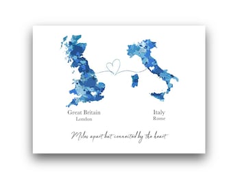 Personalised Two Country Map ART PRINT Long Distance Gift, Travel, Adventure, Any Country, 8 Colours Available, Custom Gift Idea