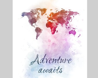 Adventure Awaits Quote ART PRINT World Map, Travel, Inspirational, Motivational, Gift, Wall Art, Home Decor