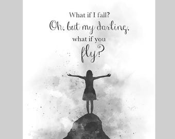 Et si je tombe ? Oh, mais ma chérie, et si tu prenais l'avion ? Citation ART PRINT, source d'inspiration, chambre de bébé, cadeau, art mural, décoration d'intérieur, noir et blanc