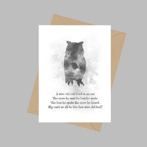 Een wijze oude uil, A5 wenskaart, inspirerend, citaat, gedicht, geschenk, zwart-wit