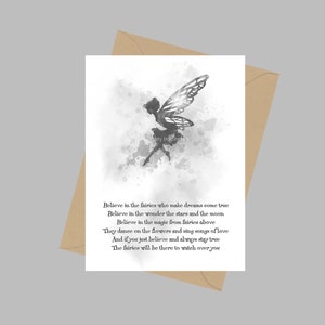 Geloof in Feeën Gedicht, A5 Wenskaart, Fee, Quote, Inspirerend, Cadeau, Zwart-Wit