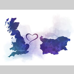 Grã-Bretanha para Bulgária Mapa de conexão de dois países IMPRESSÃO DE ARTE Viagem, feriado, presente, arte de parede, amigos, casais