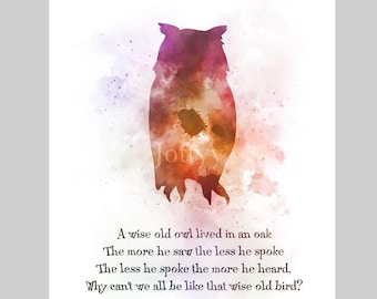 A Wise Old Owl ART PRINT Inspirational, Quote, Nursery, Poem, Gift, Wall Art, Home Decor