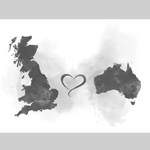 Großbritannien Australien Verbindungskarte Zwei Länder KUNSTDRUCK Reisen, Urlaub, Geschenk, Wandkunst, Freunde, Paare, schwarz und weiß