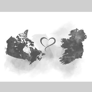 Kanada Irland Verbindungskarte zwei Länder KUNSTDRUCK Reisen, Urlaub, Geschenk, Wandkunst, Freunde, Paare, schwarz und weiß