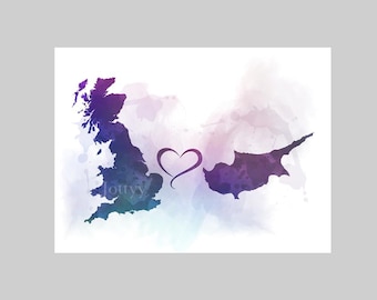 Britain to Cyprus Connecting Map Two Countries ART PRINT Travel, Holiday, Gift, Wall Art, Home Decor, Bedroom, Office, Friends, Couples