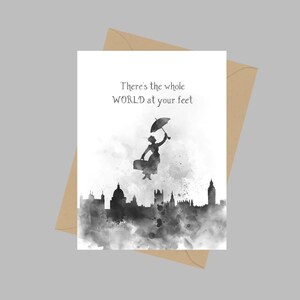 Mary Poppins Quote, A5 Wenskaart, Er is de hele wereld aan je voeten, Cadeau, Zwart-Wit